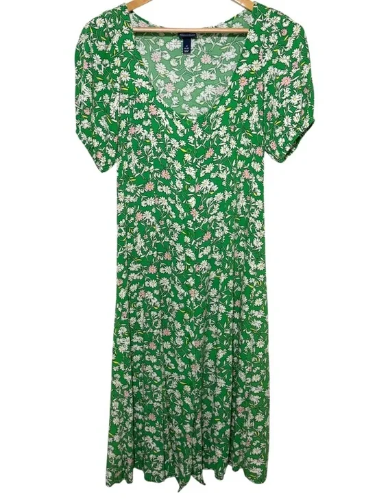 Scoop Floral V-Neck Midi Dress Short Puff Sleeves Spring Summer Party Green M - Picture 2 of 7